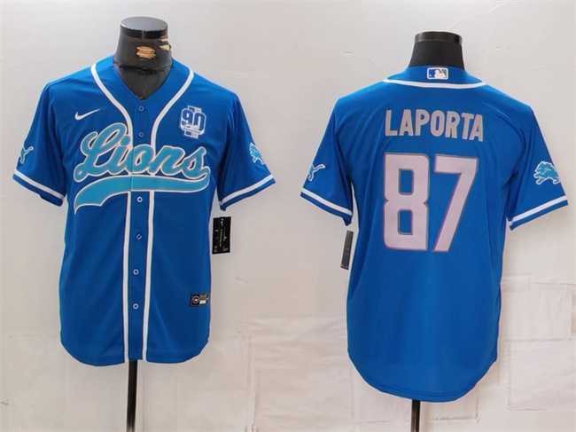 Men%27s Detroit Lions #87 Sam LaPorta Blue With 90th Anniversary Patch Cool Base Stitched Baseball Jersey